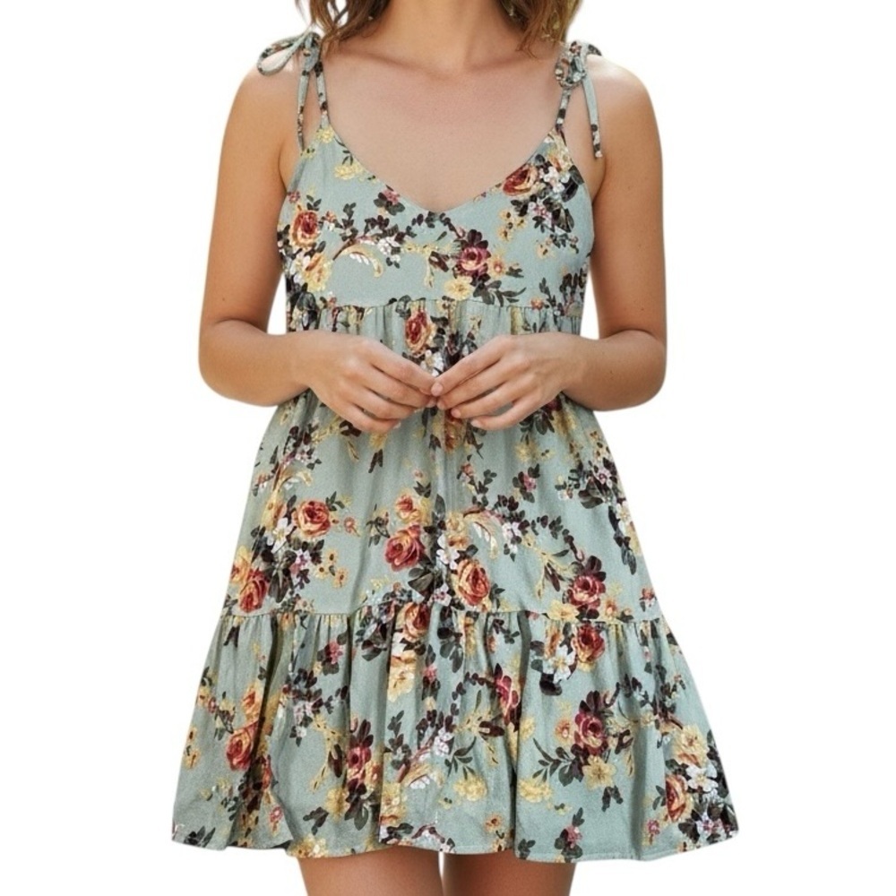 Floral Mint Tie-Strap Dress - Boho Chic Casual Style | Size Small | Resort Wear - Picture 1 of 16